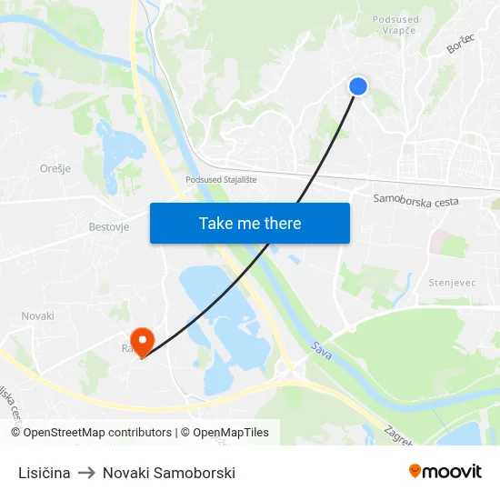 Lisičina to Novaki Samoborski map