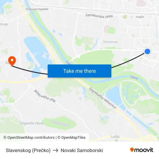 Slavenskog (Prečko) to Novaki Samoborski map