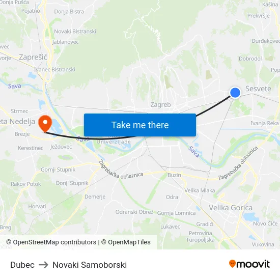 Dubec to Novaki Samoborski map
