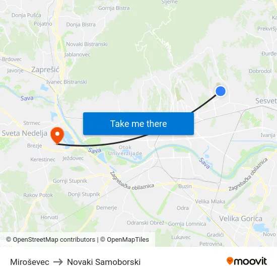 Miroševec to Novaki Samoborski map