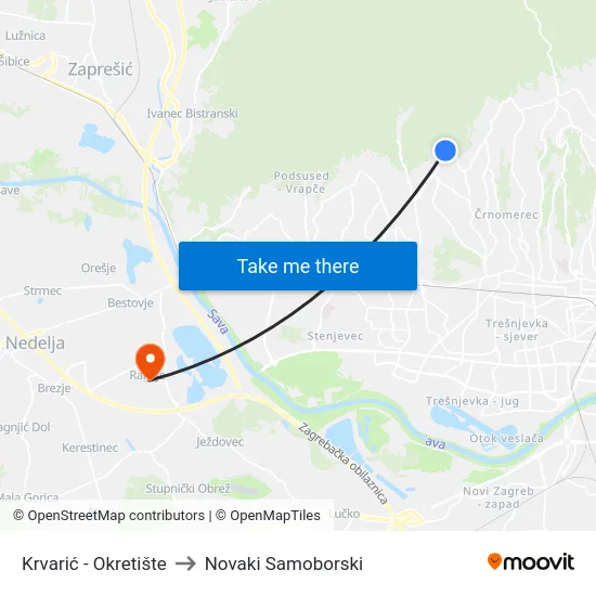 Krvarić - Okretište to Novaki Samoborski map