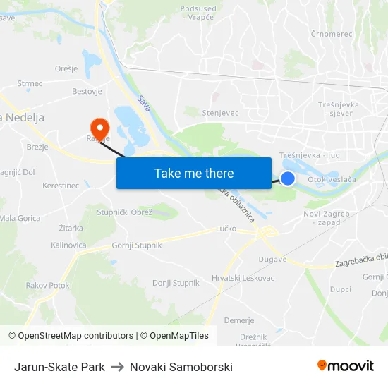 Jarun-Skate Park to Novaki Samoborski map