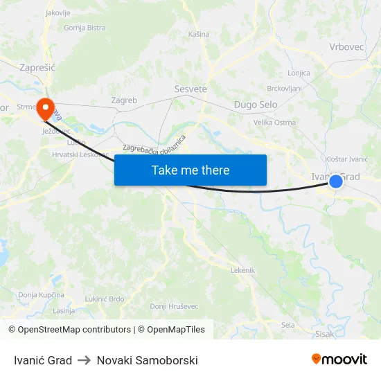 Ivanić Grad to Novaki Samoborski map