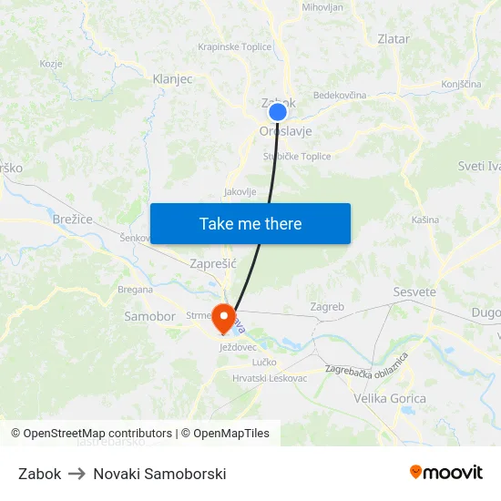 Zabok to Novaki Samoborski map