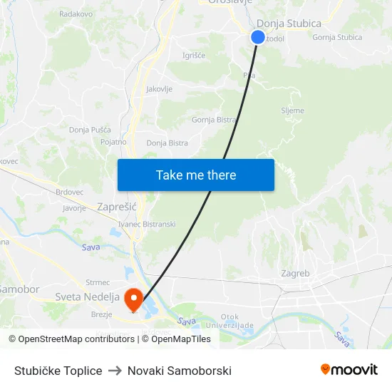 Stubičke Toplice to Novaki Samoborski map