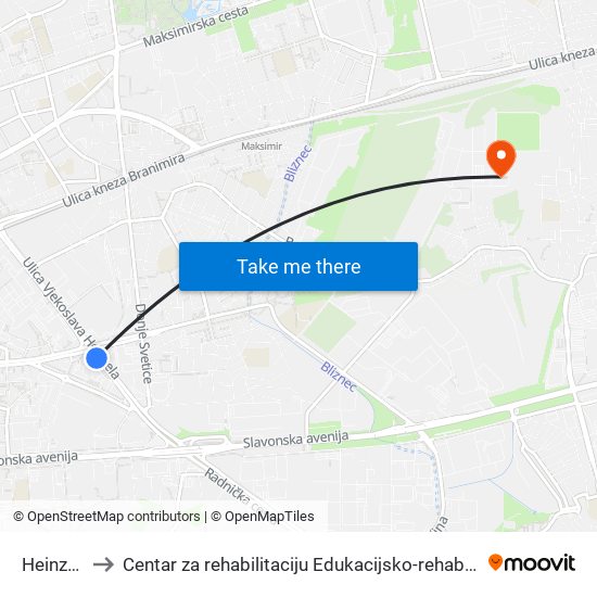 Heinzelova to Centar za rehabilitaciju Edukacijsko-rehablitacijskog fakulteta map