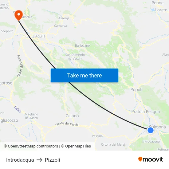 Introdacqua to Pizzoli map