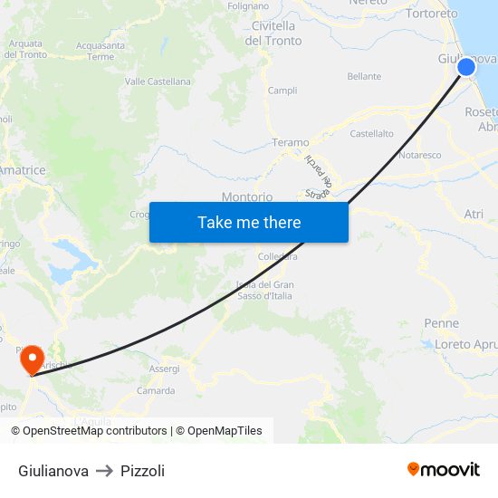 Giulianova to Pizzoli map