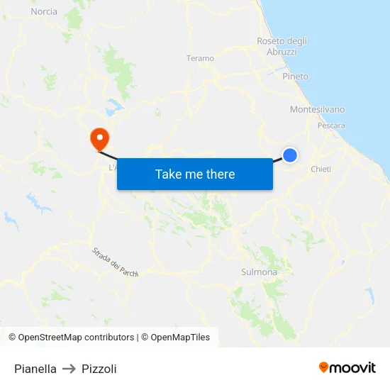 Pianella to Pizzoli map