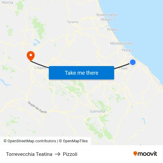 Torrevecchia Teatina to Pizzoli map
