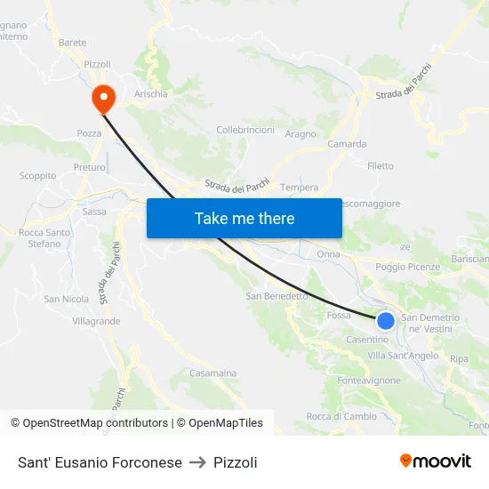 Sant' Eusanio Forconese to Pizzoli map