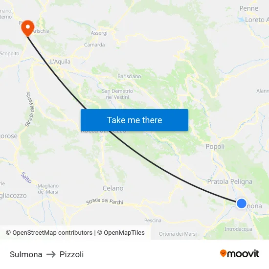 Sulmona to Pizzoli map