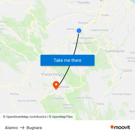 Alanno to Bugnara map