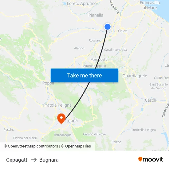 Cepagatti to Bugnara map