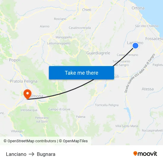 Lanciano to Bugnara map