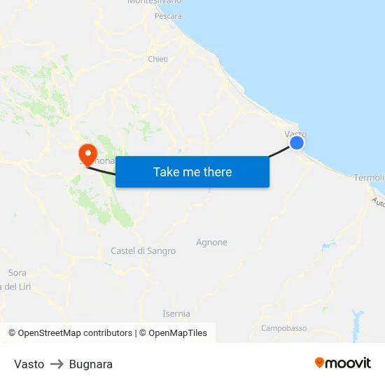 Vasto to Bugnara map