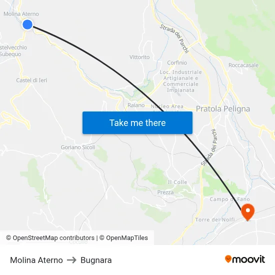 Molina Aterno to Bugnara map