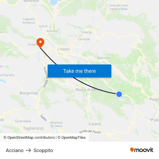 Acciano to Scoppito map