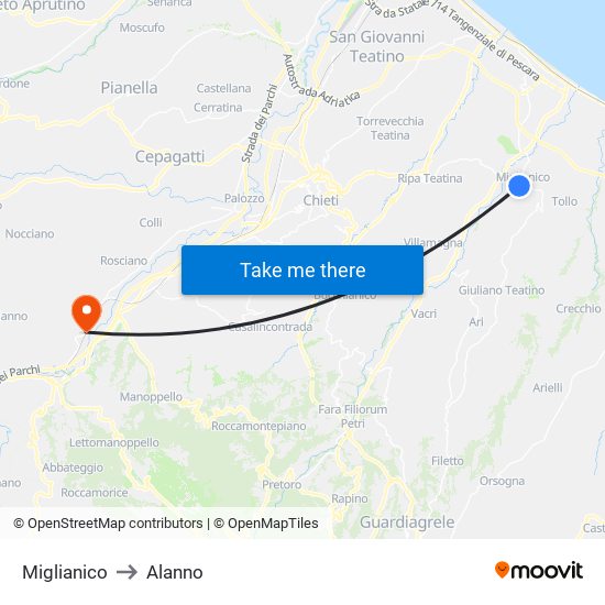 Miglianico to Alanno map