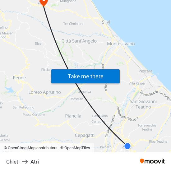 Chieti to Atri map