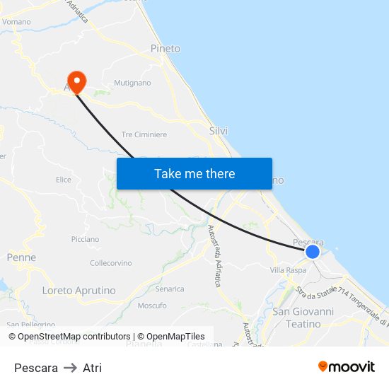 Pescara to Atri map