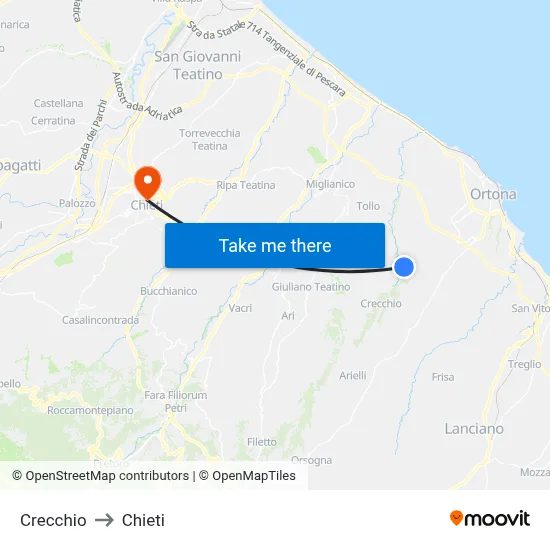 Crecchio to Chieti map