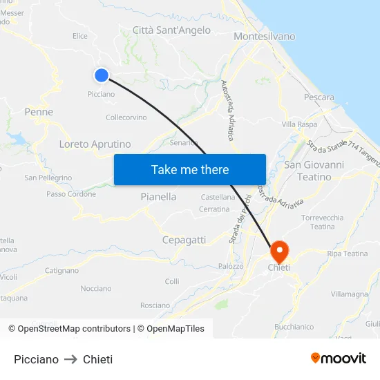 Picciano to Chieti map