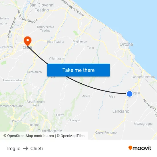 Treglio to Chieti map
