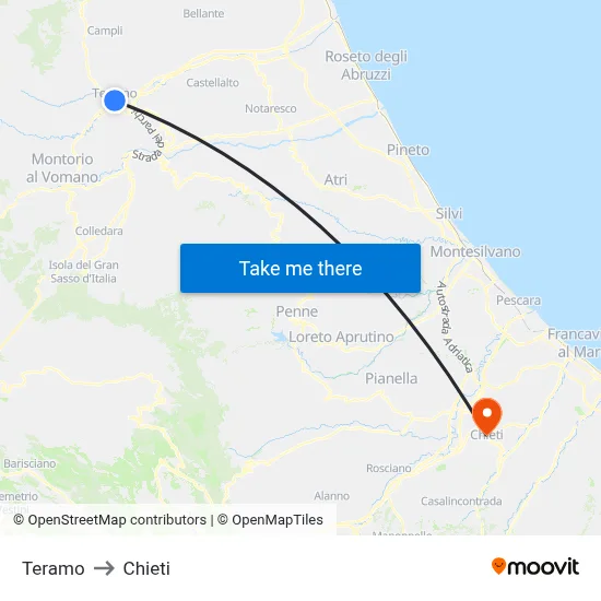 Teramo to Chieti map