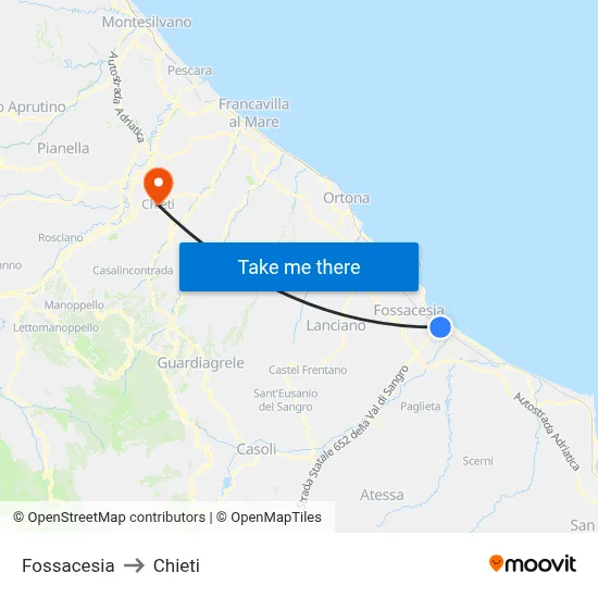 Fossacesia to Chieti map