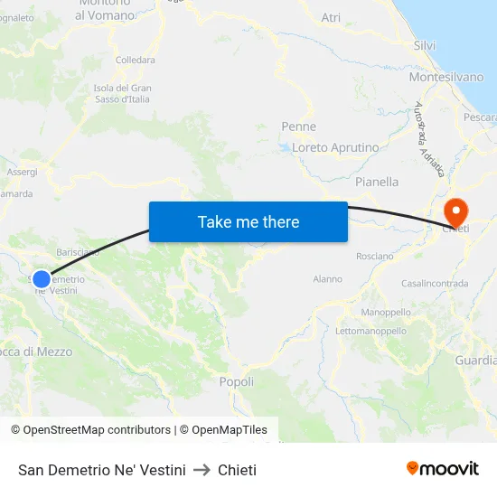 San Demetrio Ne' Vestini to Chieti map