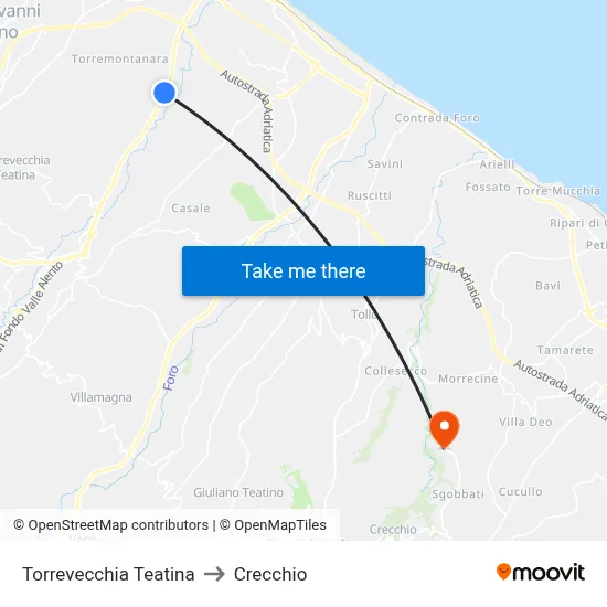 Torrevecchia Teatina to Crecchio map