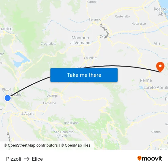 Pizzoli to Elice map