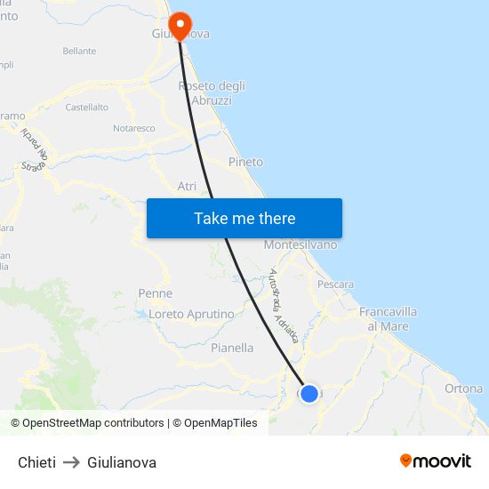 Chieti to Giulianova map