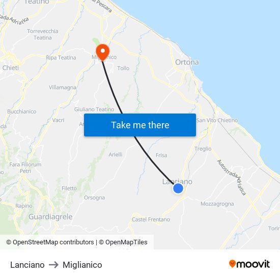 Lanciano to Miglianico map