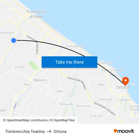 Torrevecchia Teatina to Ortona map