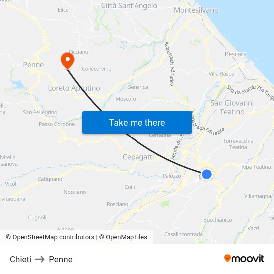 Chieti to Penne map