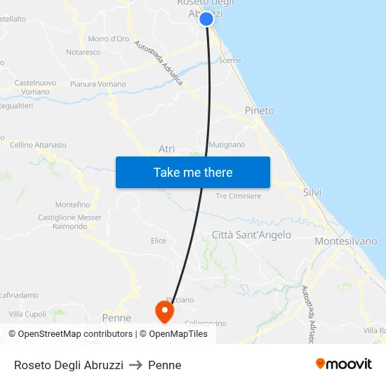 Roseto Degli Abruzzi to Penne map