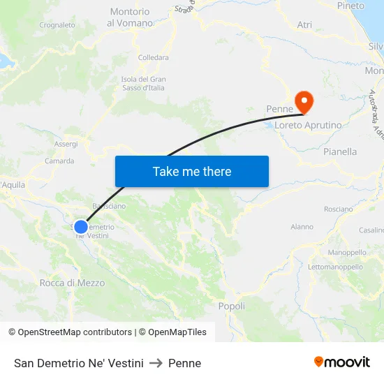 San Demetrio Ne' Vestini to Penne map