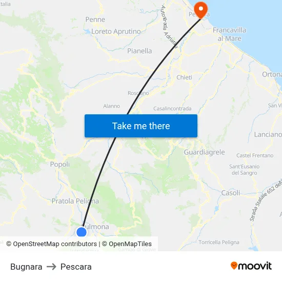 Bugnara to Pescara map