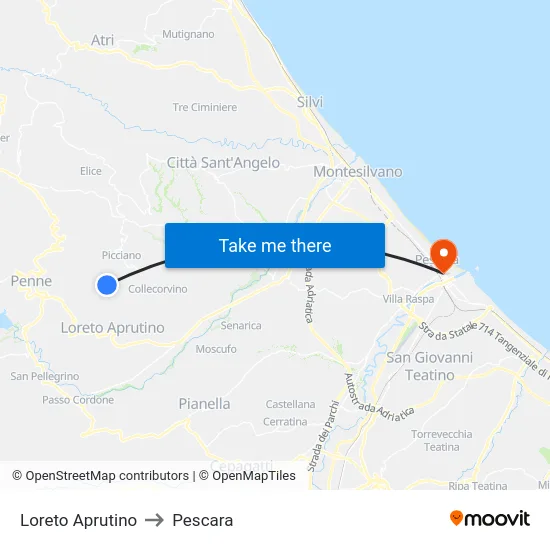 Loreto Aprutino to Pescara map