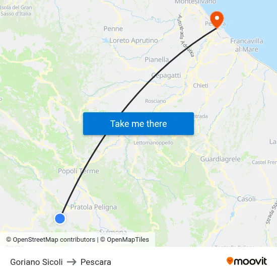 Goriano Sicoli to Pescara map