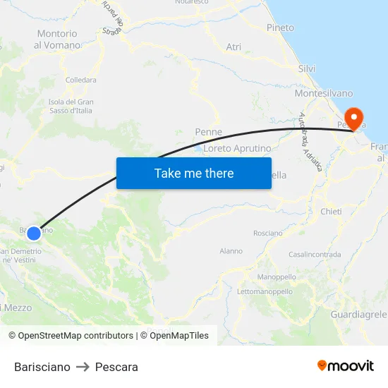 Barisciano to Pescara map