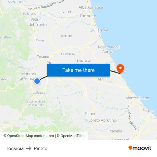 Tossicia to Pineto map