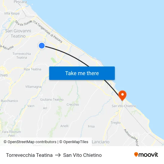 Torrevecchia Teatina to San Vito Chietino map