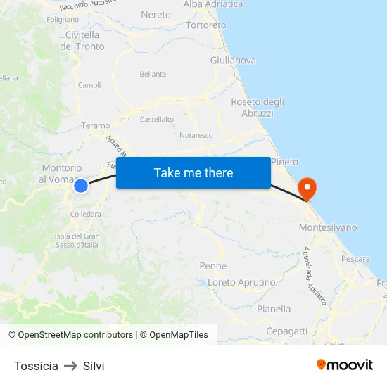 Tossicia to Silvi map