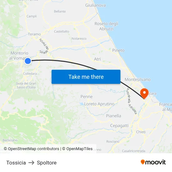 Tossicia to Spoltore map