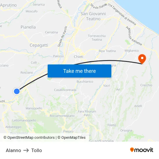 Alanno to Tollo map
