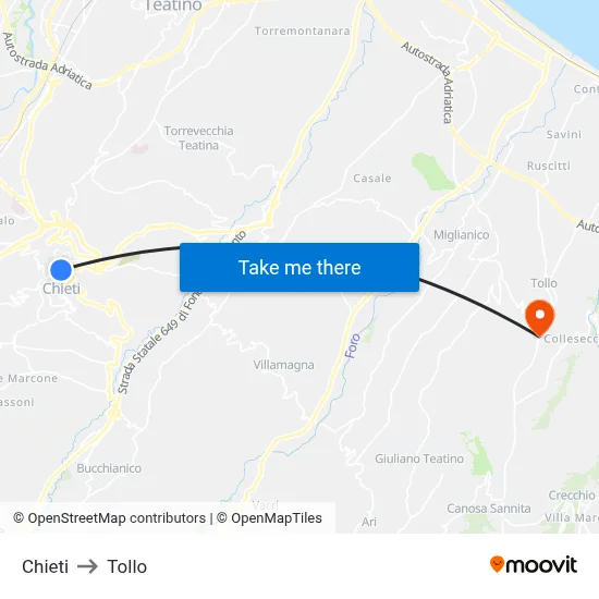 Chieti to Tollo map
