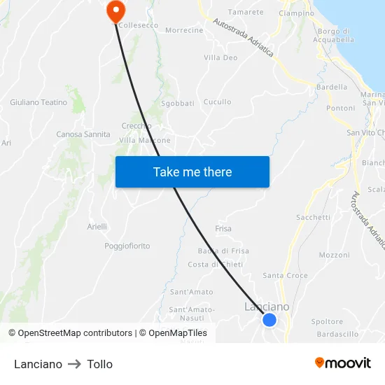 Lanciano to Tollo map